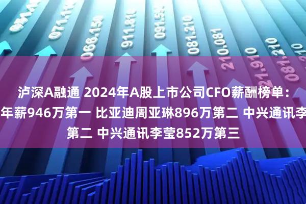 泸深A融通 2024年A股上市公司CFO薪酬榜单：美的集团钟铮年薪946万第一 比亚迪周亚琳896万第二 中兴通讯李莹852万第三